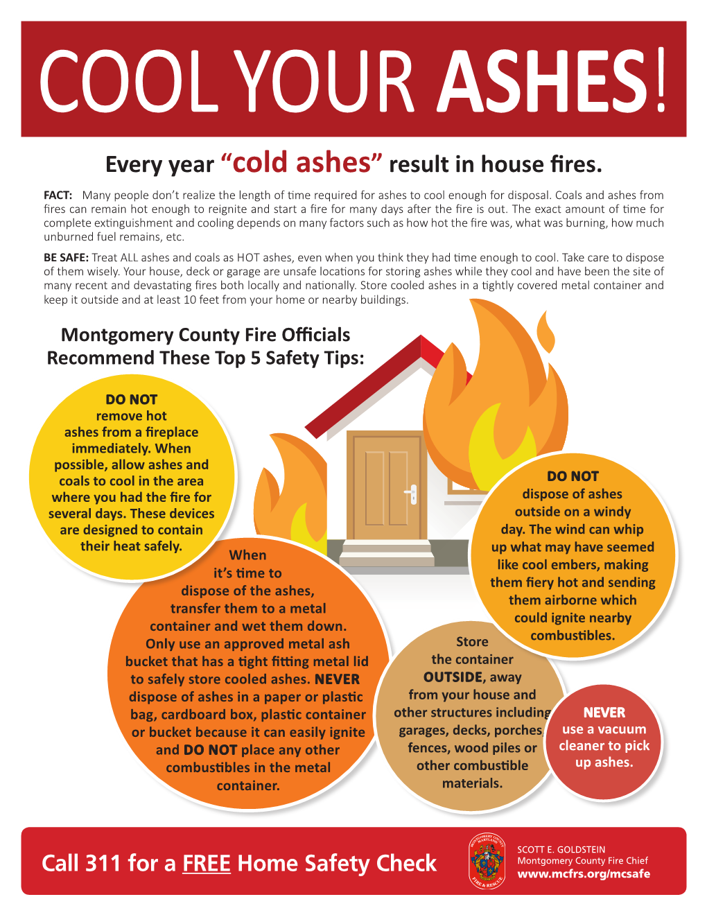 Every Year “Cold Ashes” Result in House Fires. FACT: Many People Don’T Realize the Length of Time Required for Ashes to Cool Enough for Disposal