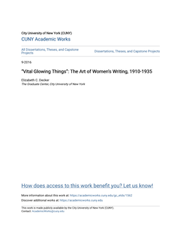 The Art of Women's Writing, 1910-1935