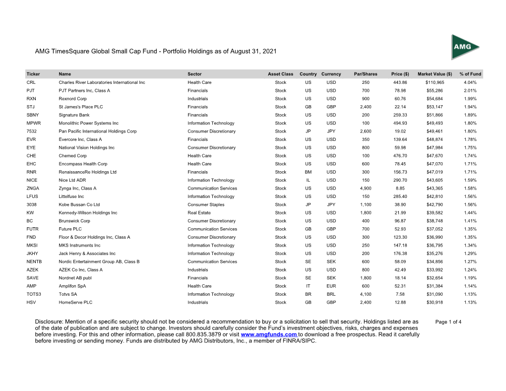 Holdings As of August 31, 2021