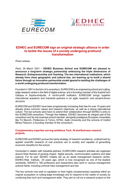 EDHEC and EURECOM Sign an Original Strategic Alliance in Order to Tackle the Issues of a Society Undergoing Profound Transformation