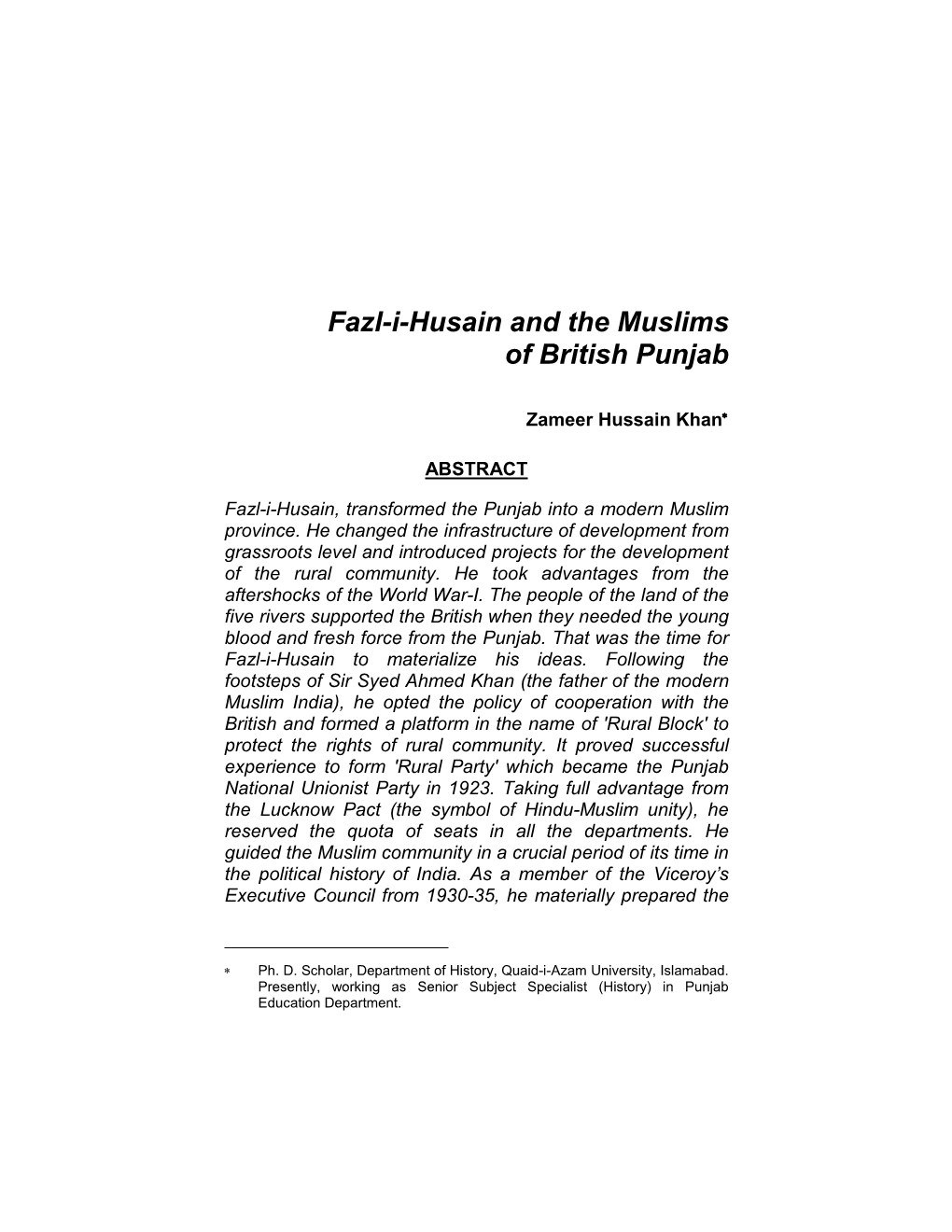 Fazl-I-Husain and the Muslims of British Punjab; Zameer Hussain Khan