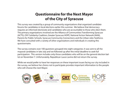 Questionnaire for the Next Mayor of the City of Syracuse