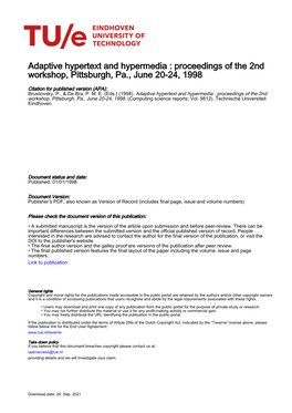 Adaptive Hypertext and Hypermedia : Proceedings of the 2Nd Workshop, Pittsburgh, Pa., June 20-24, 1998