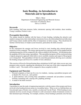 Ionic Bonding, an Introduction to Materials and to Spreadsheets