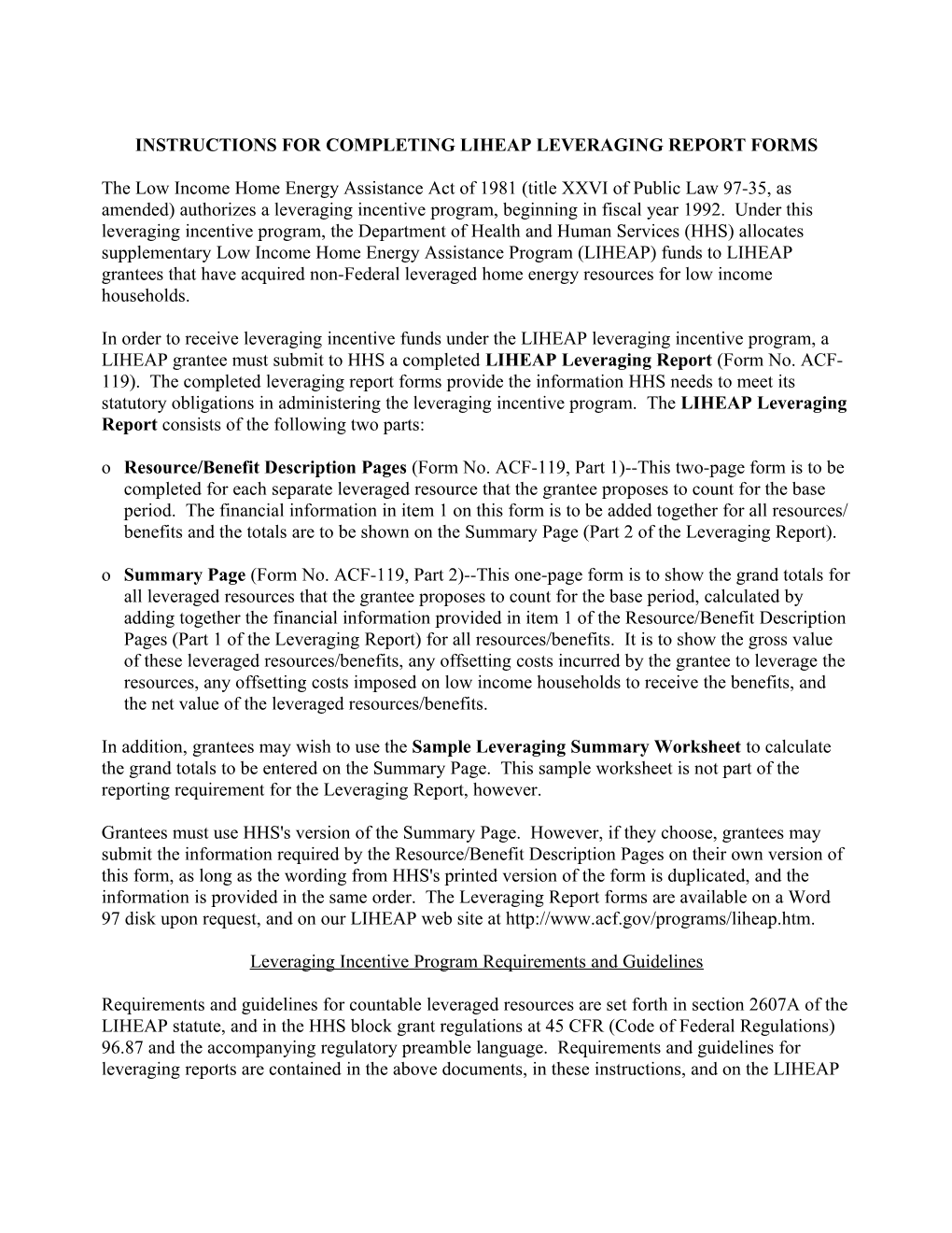 Instructions For Completing Liheap Leveraging Report Forms