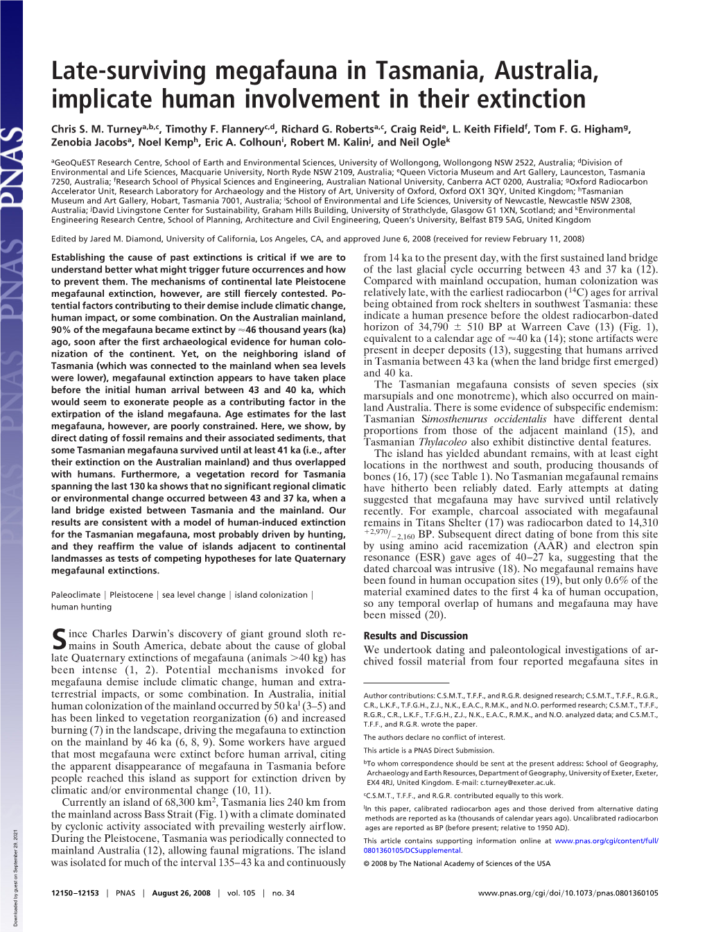 Late-Surviving Megafauna in Tasmania, Australia, Implicate Human Involvement in Their Extinction