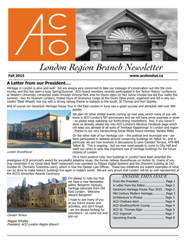 London Region Branch Newsletter Fall 2015 a Letter from Our President
