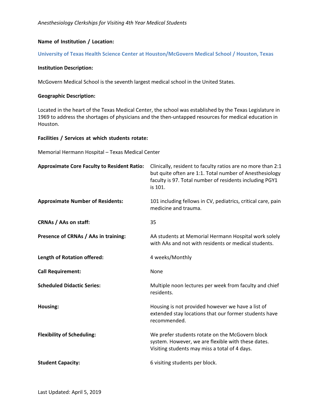 Anesthesiology Clerkships for Visiting 4Th Year Medical Students Last