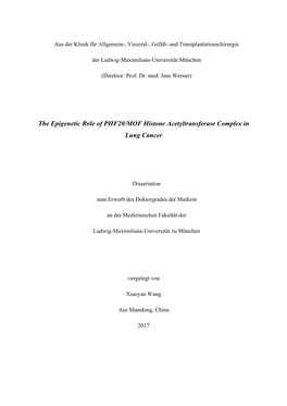 The Epigenetic Role of PHF20/MOF Histone Acetyltransferase Complex in Lung Cancer