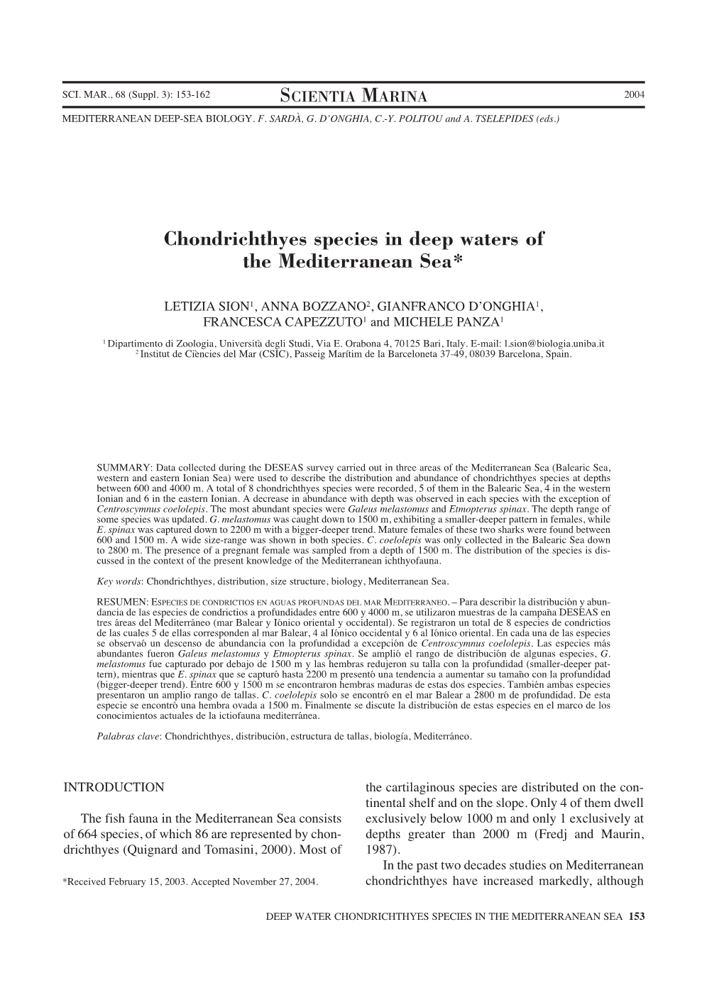 Chondrichthyes Species in Deep Waters of the Mediterranean Sea*
