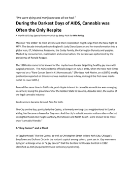 During the Darkest Days of AIDS, Cannabis Was Often the Only Respite a World AIDS Day Special Feature Article by Betsy Pisik for WM Policy ​ ​