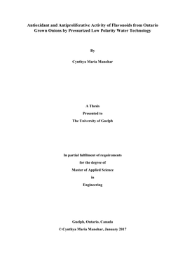 Antioxidant and Antiproliferative Activity of Flavonoids from Ontario Grown Onions by Pressurized Low Polarity Water Technology