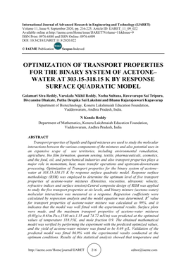 Optimization of Transport Properties for the Binary System of Acetone– Water at 303.15-318.15 K by Response Surface Quadratic Model