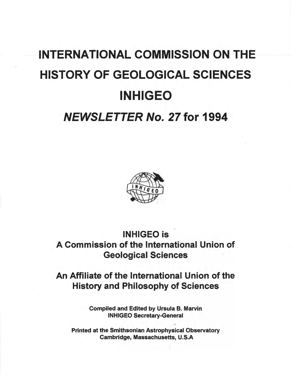 INTERNATIONAL COMMISSION on the HISTORY of GEOLOGICAL SCIENCES INHIGEO NEWSLETTER No
