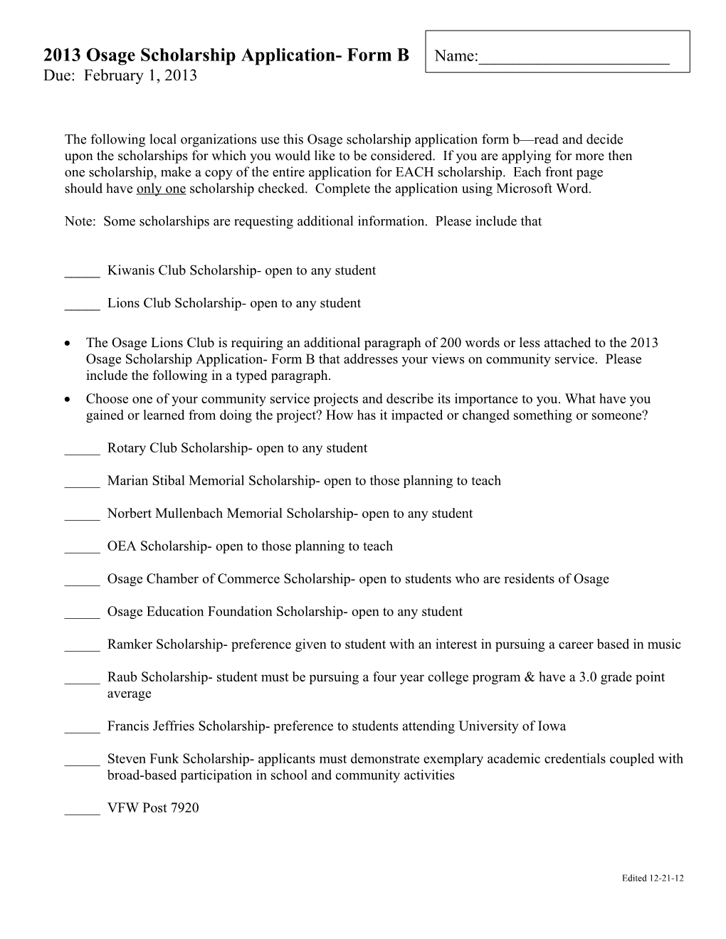 Osage Scholarship Application