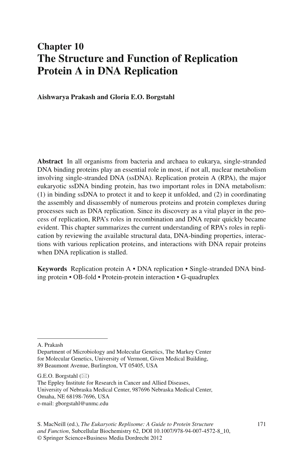 The Structure and Function of Replication Protein a in DNA Replication