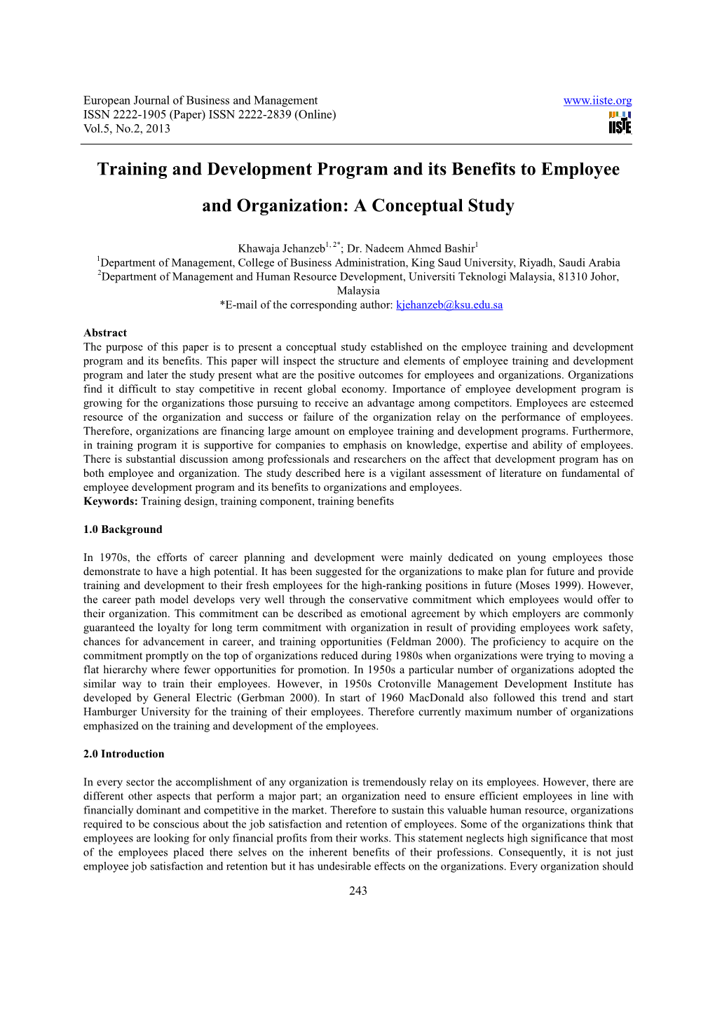 Training and Development Program and Its Benefits to Employee and Organization: a Conceptual Study