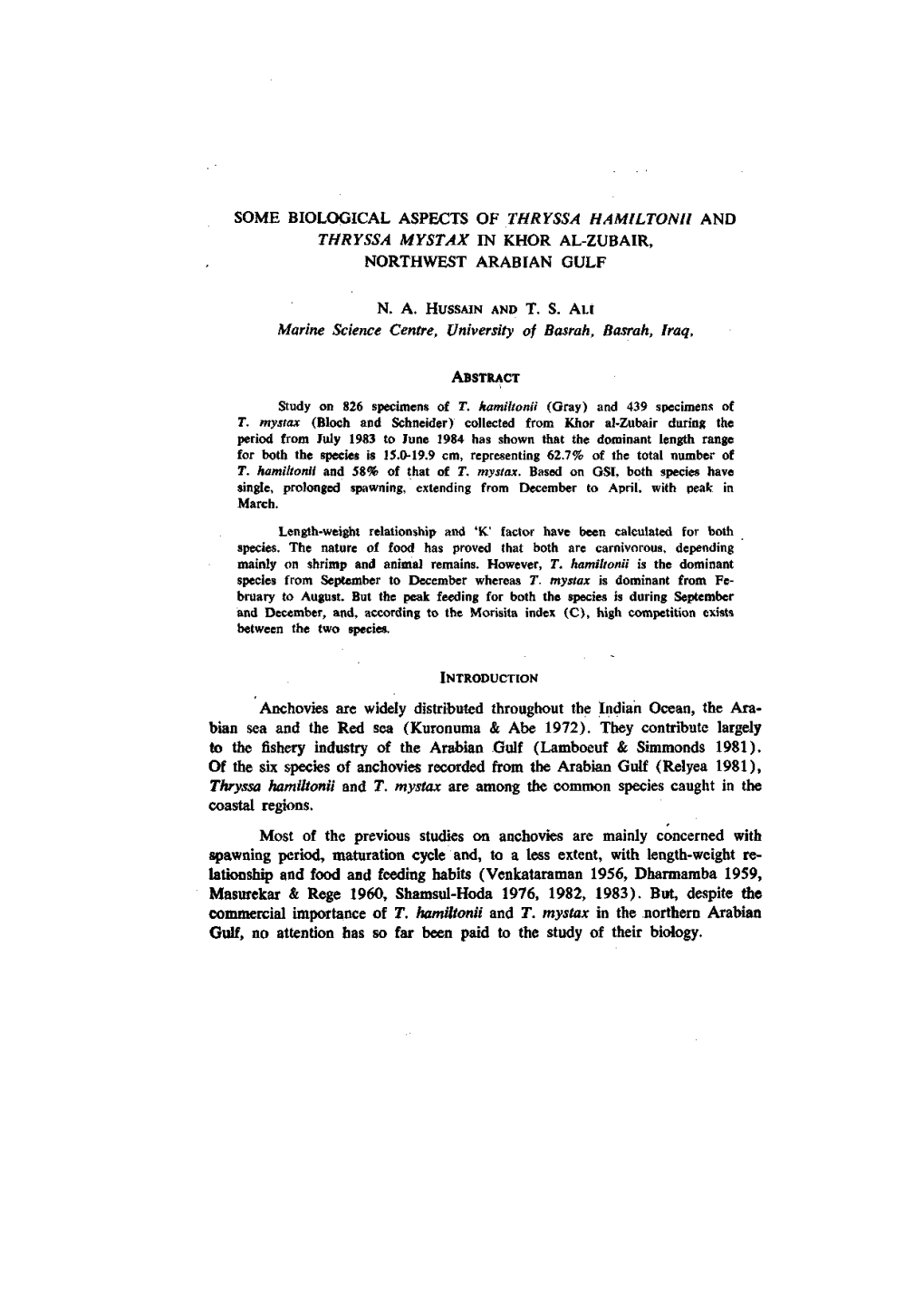 Some Biological Aspects of Thryssa Hamiltonii and Thryssa Mystax in Khor Al-Zubair, Northwest Arabian Gulf