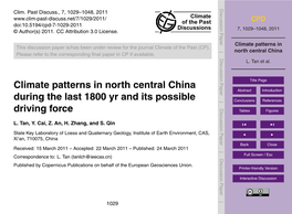 Climate Patterns in North Central China Title Page Abstract Introduction During the Last 1800 Yr and Its Possible Conclusions References Driving Force Tables Figures