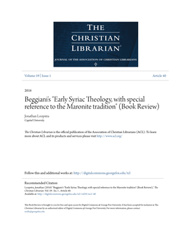 Early Syriac Theology, with Special Reference to the Maronite Tradition" (Book Review) Jonathan Loopstra Capital University