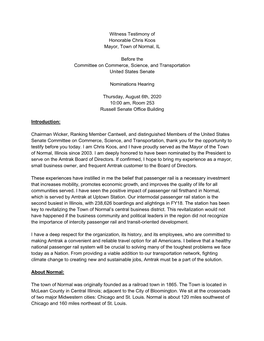 Witness Testimony of Honorable Chris Koos Mayor, Town of Normal, IL Before the Committee on Commerce, Science, and Transportatio