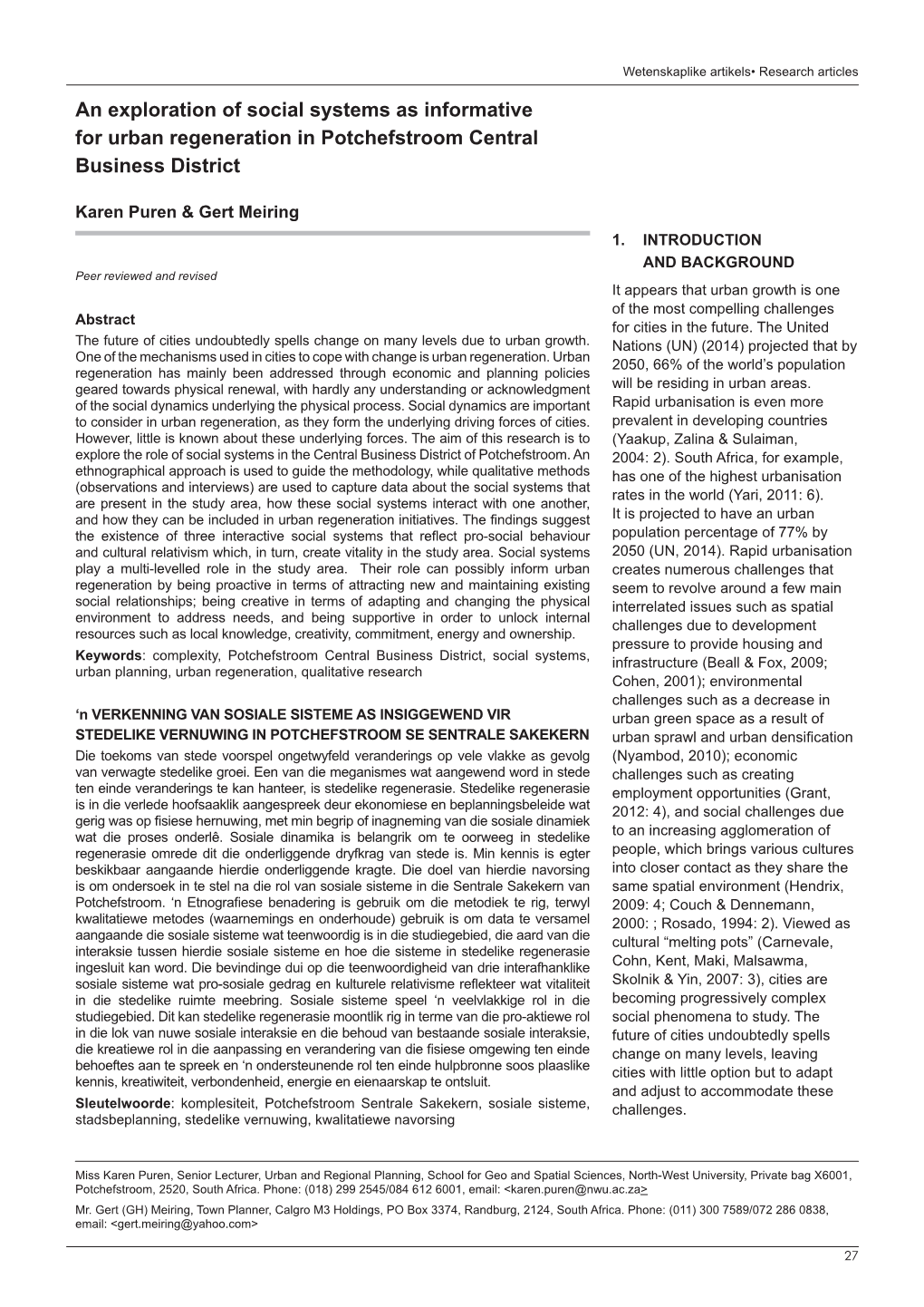 An Exploration of Social Systems As Informative for Urban Regeneration in Potchefstroom Central Business District