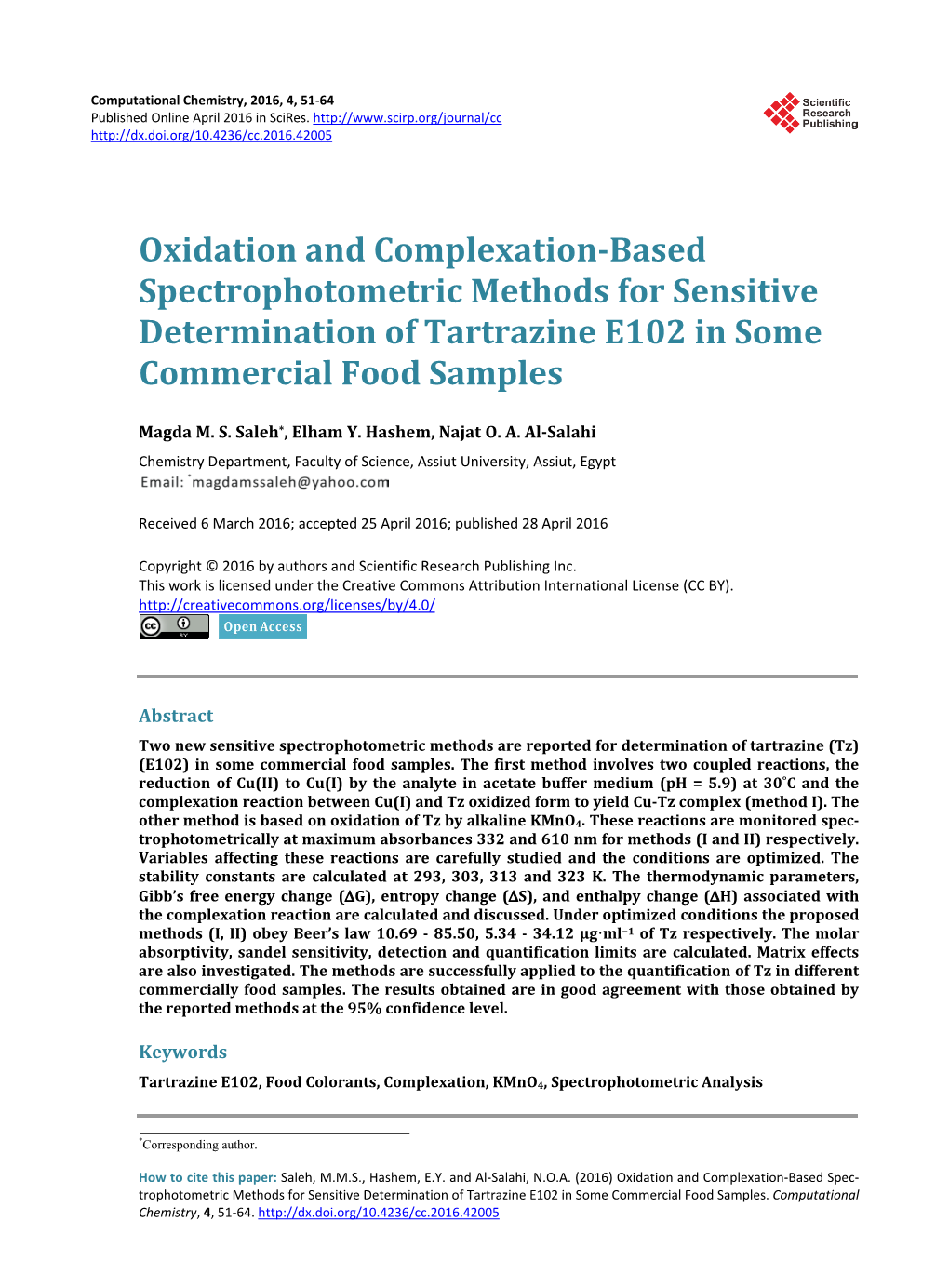 Oxidation and Complexation-Based Spectrophotometric Methods for Sensitive Determination of Tartrazine E102 in Some Commercial Food Samples