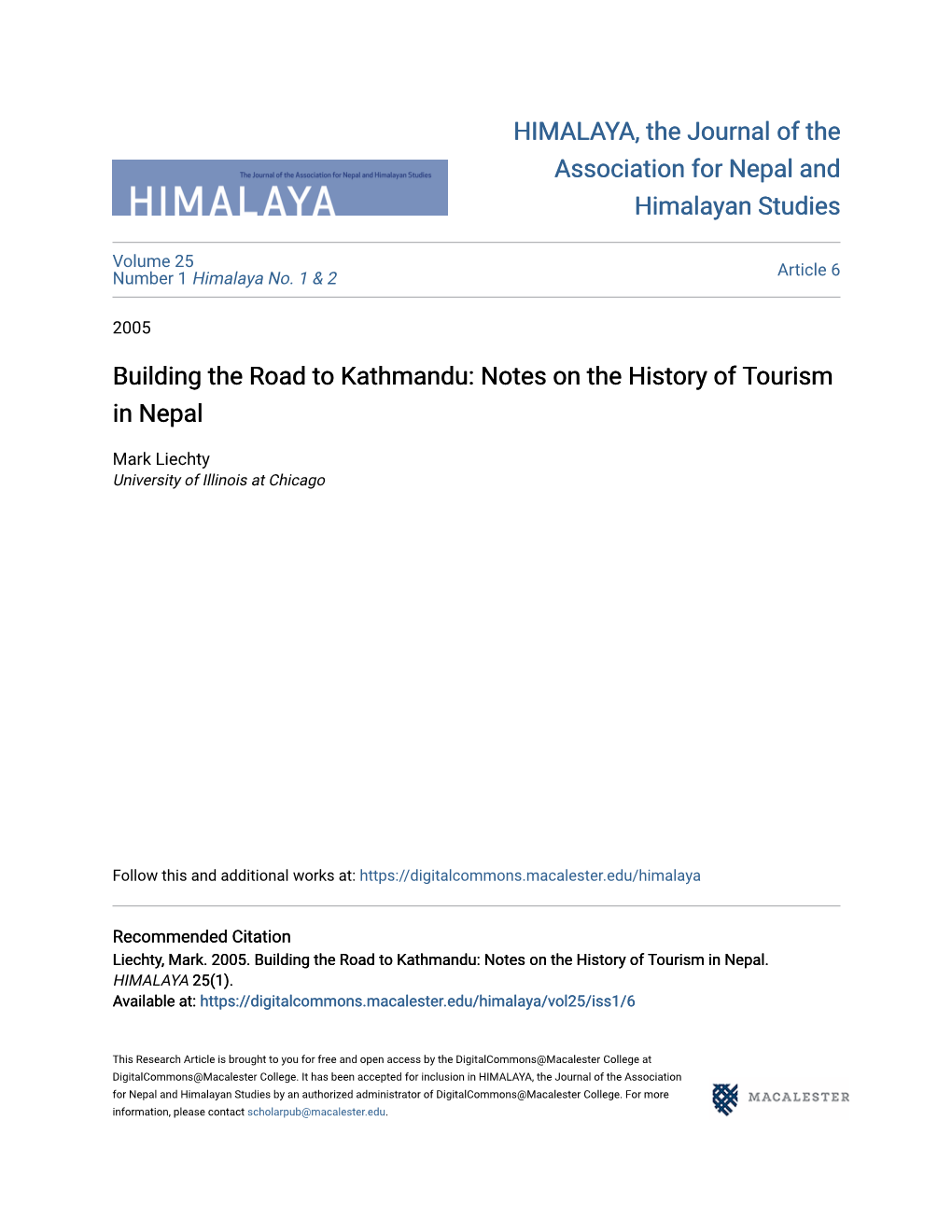 Building the Road to Kathmandu: Notes on the History of Tourism in Nepal