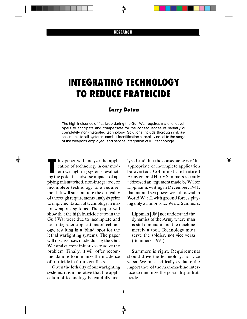 INTEGRATING TECHNOLOGY to REDUCE FRATRICIDE Larry Doton