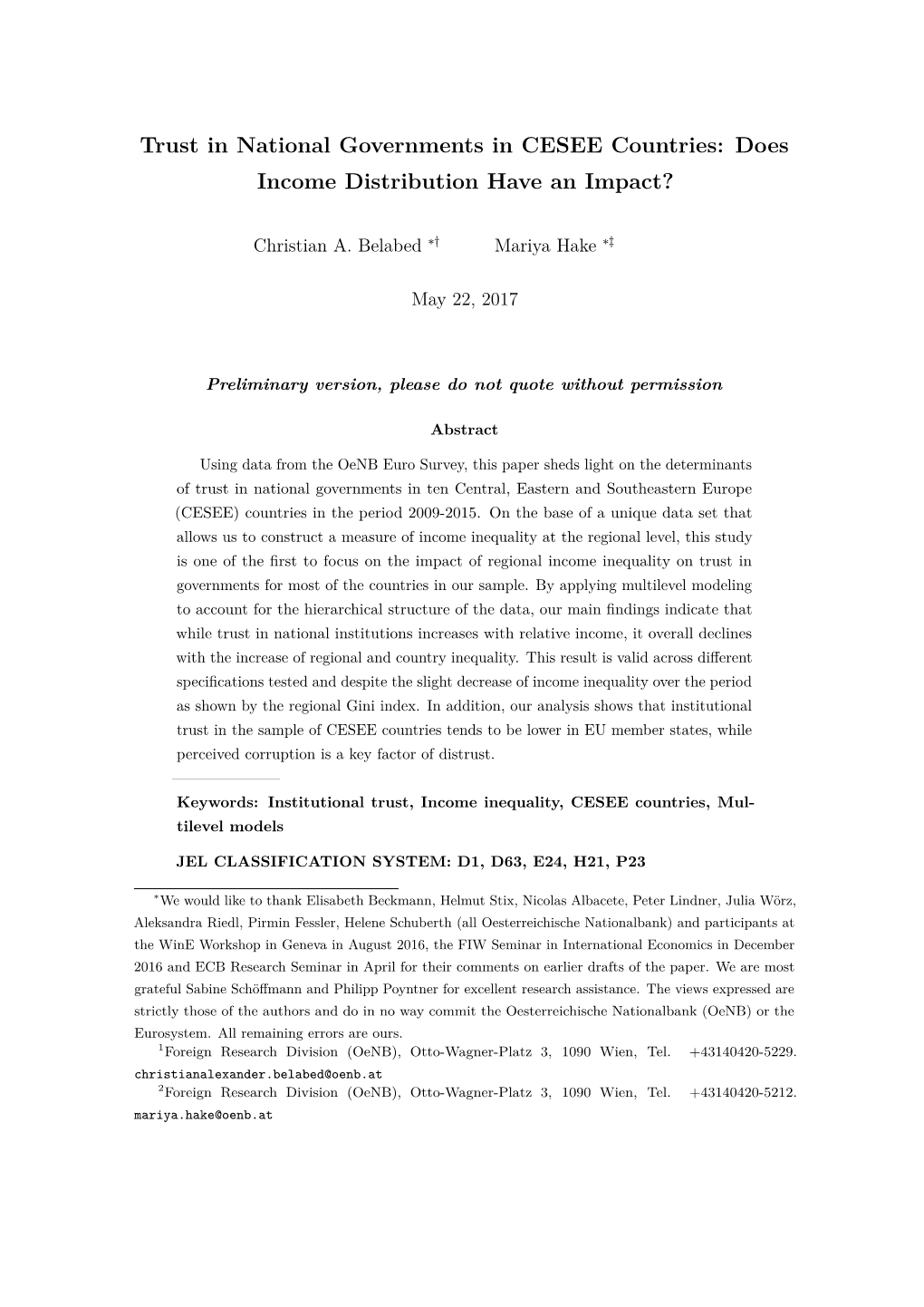 Trust in National Governments in CESEE Countries: Does Income Distribution Have an Impact?