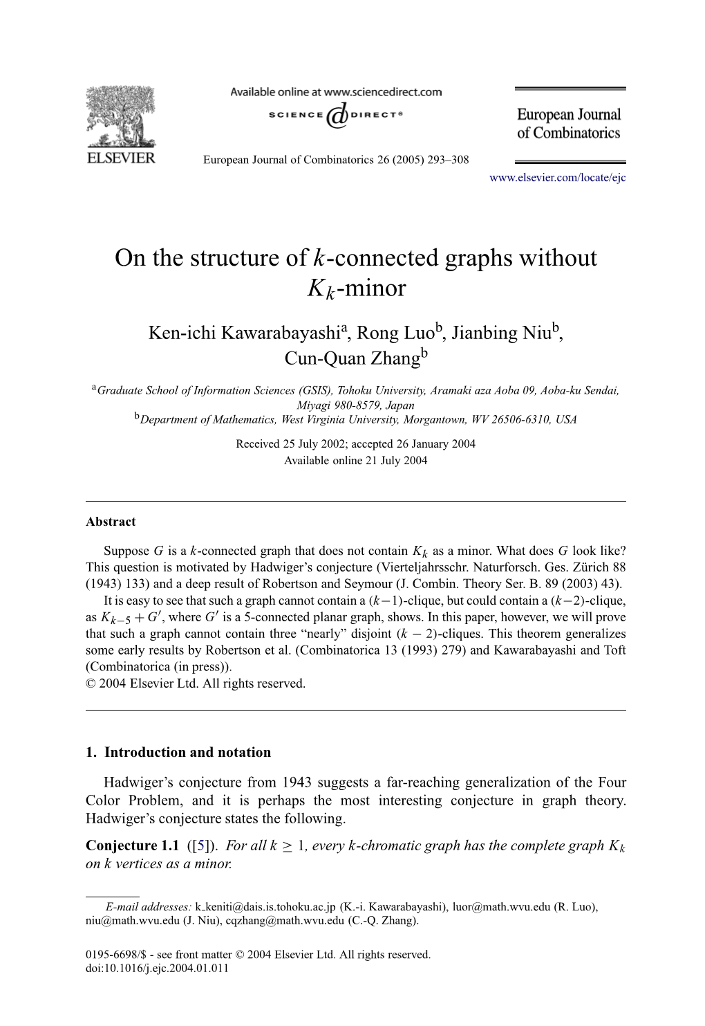 K-Connected Graphs Without K K-Minor