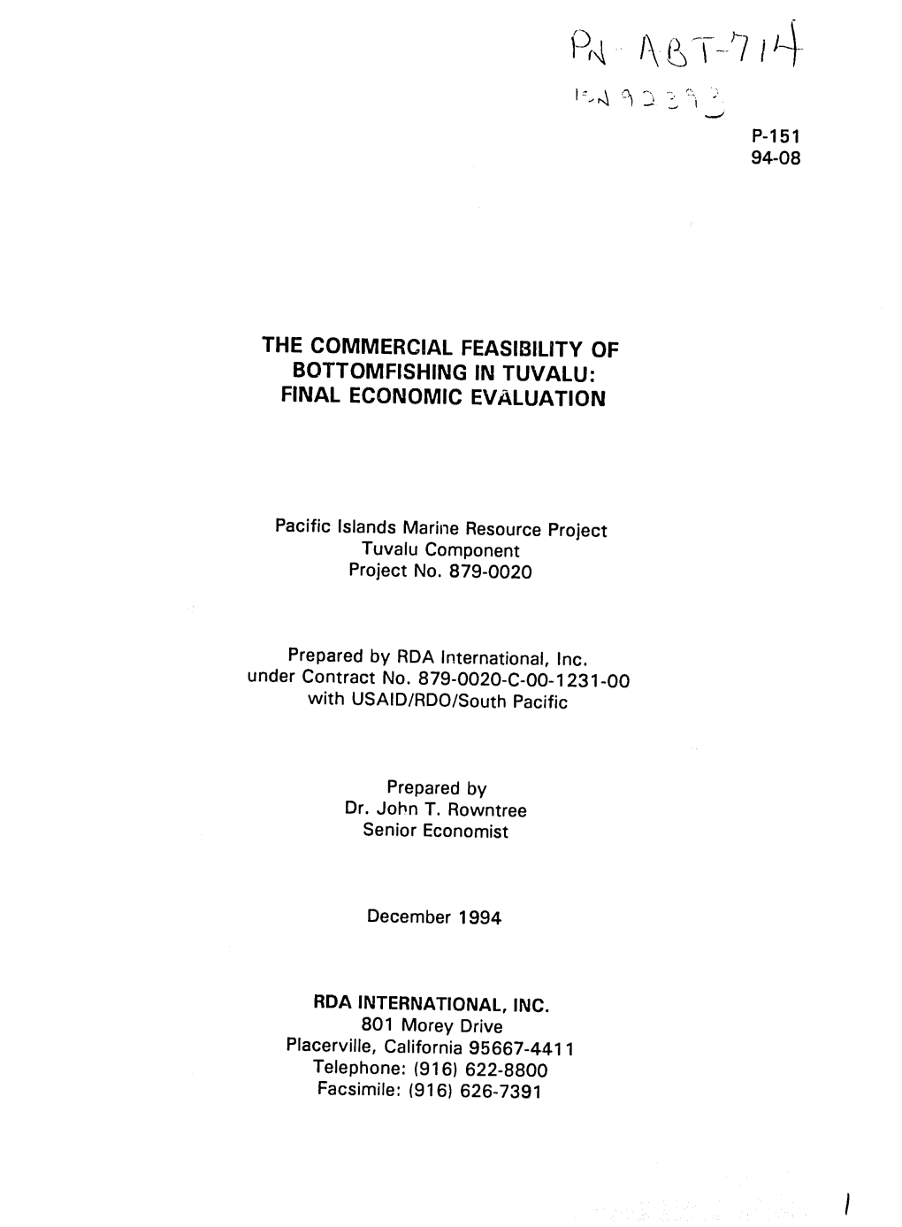 The Commercial Feasibility of Bottomfishing in Tuvalu: Final Economic Evaluation