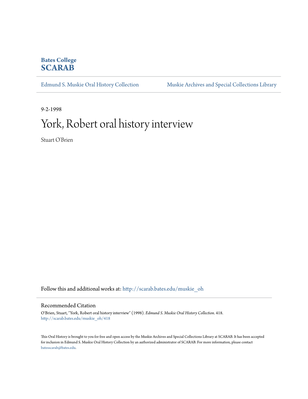 York, Robert Oral History Interview Stuart O'brien