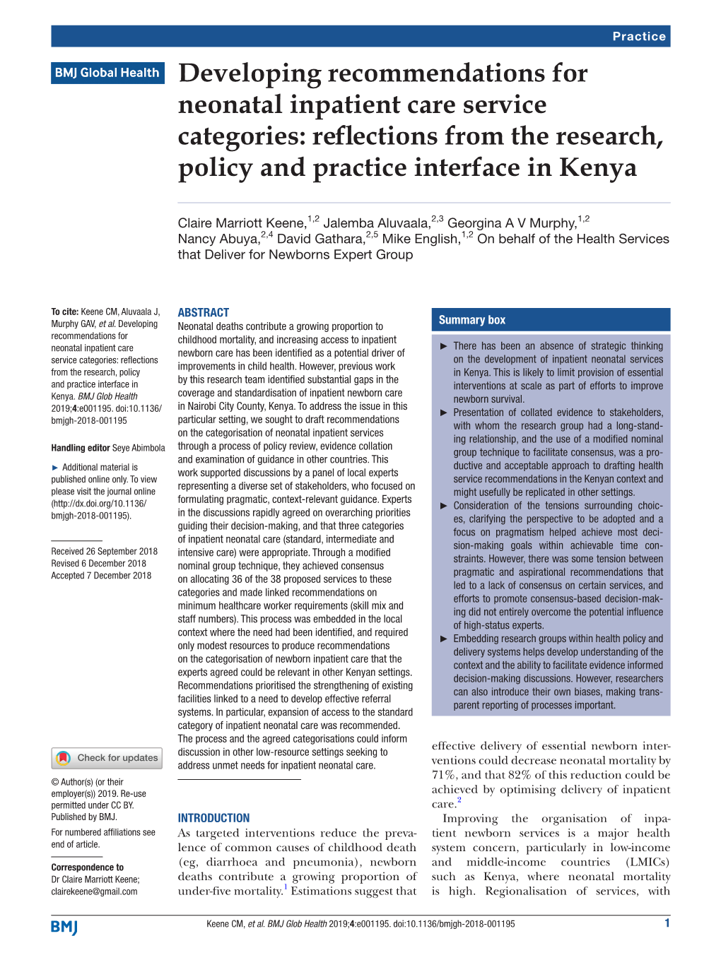 Developing Recommendations for Neonatal Inpatient Care Service Categories: Reflections from the Research, Policy and Practice Interface in Kenya