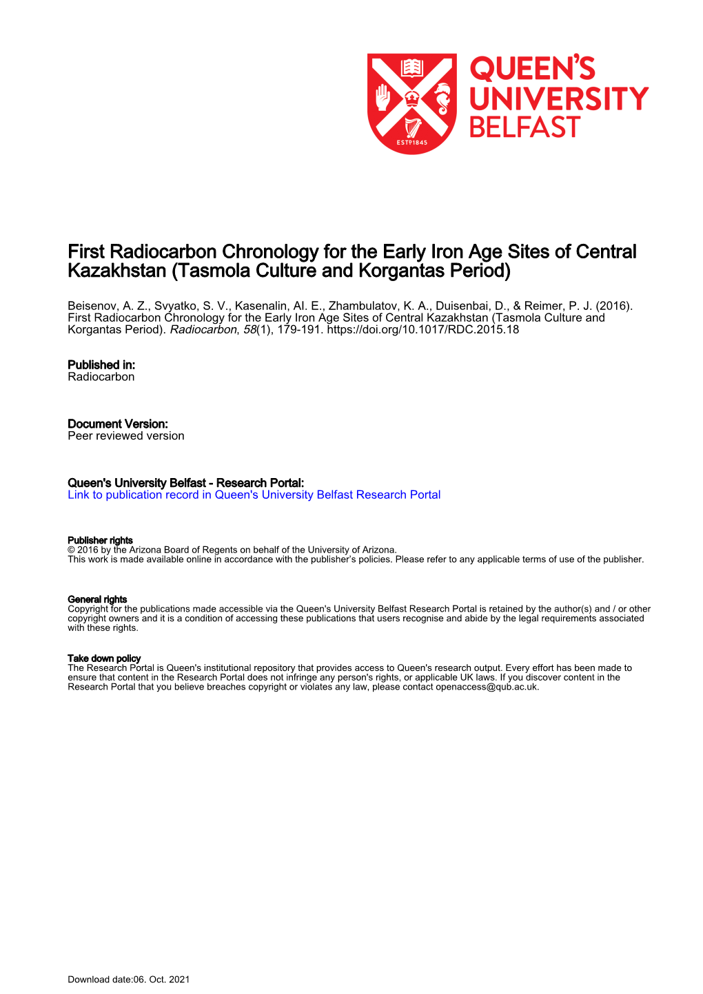 First Radiocarbon Chronology for the Early Iron Age Sites of Central Kazakhstan (Tasmola Culture and Korgantas Period)