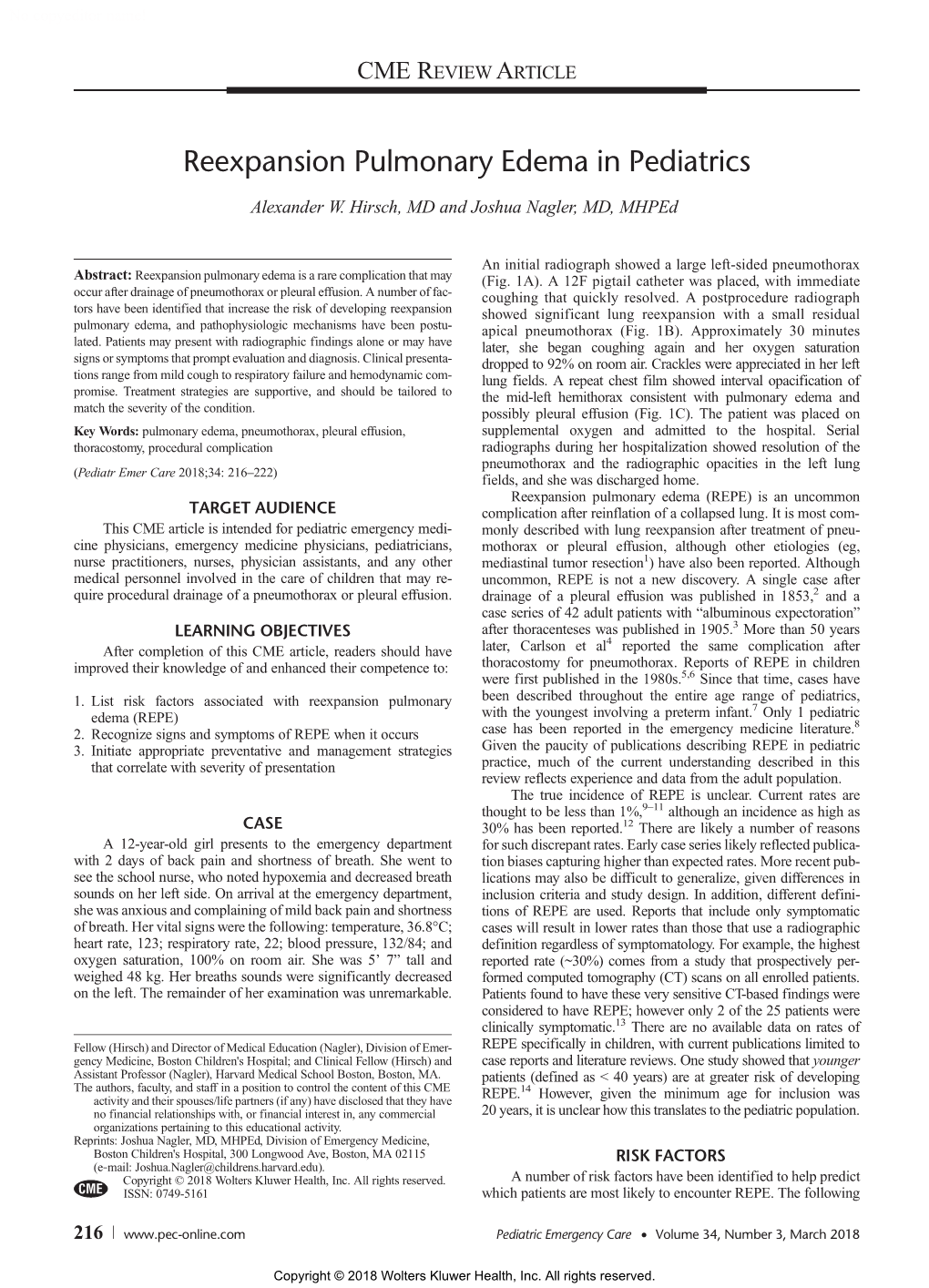 Reexpansion Pulmonary Edema in Pediatrics