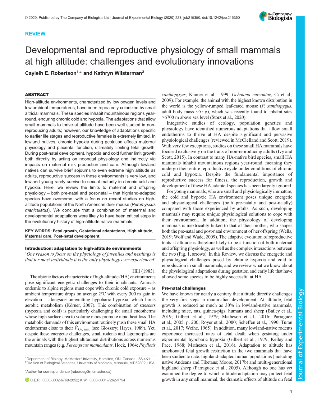 Developmental and Reproductive Physiology of Small Mammals at High Altitude: Challenges and Evolutionary Innovations Cayleih E