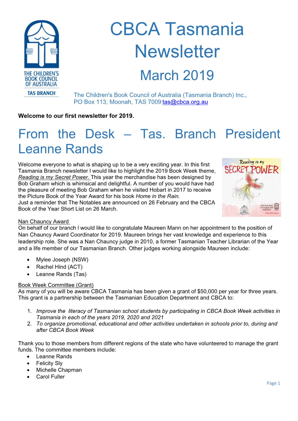 CBCA Tasmania Newsletter March 2019