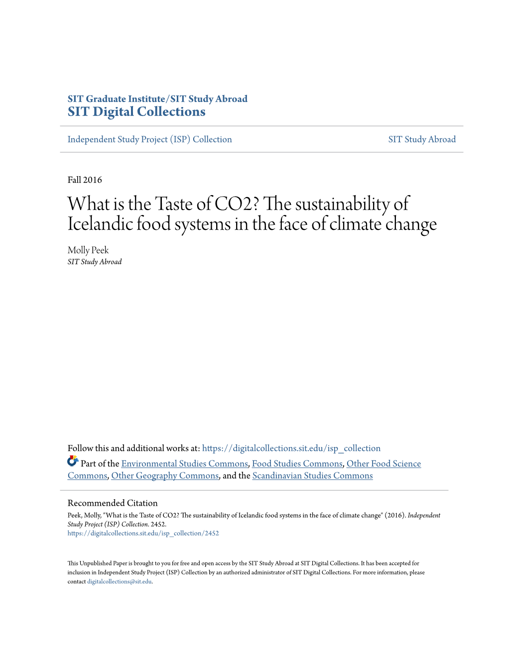 What Is the Taste of CO2? the Sustainability of Icelandic Food Systems in the Face of Climate Change