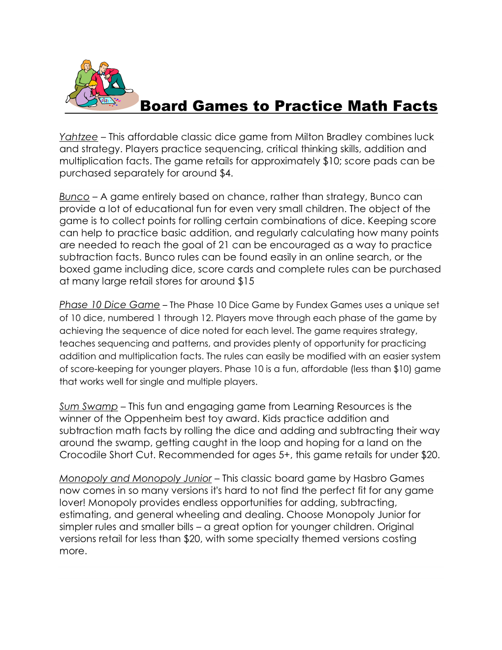 Board Games to Practice Math Facts