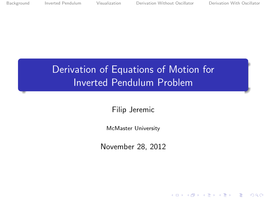 Derivation of Equations of Motion for Inverted Pendulum Problem