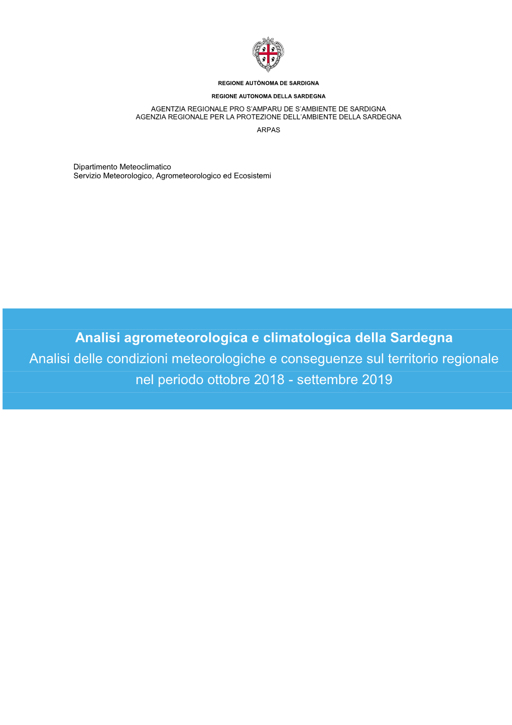 Analisi Agrometeorologica E Climatologica Della Sardegna 2018