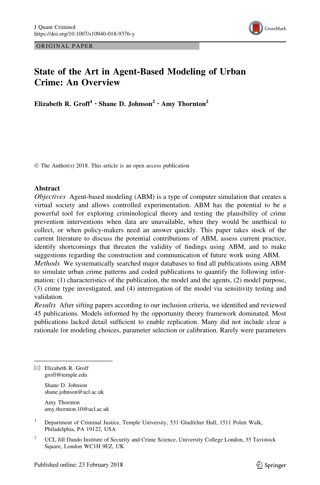 State of the Art in Agent-Based Modeling of Urban Crime: an Overview