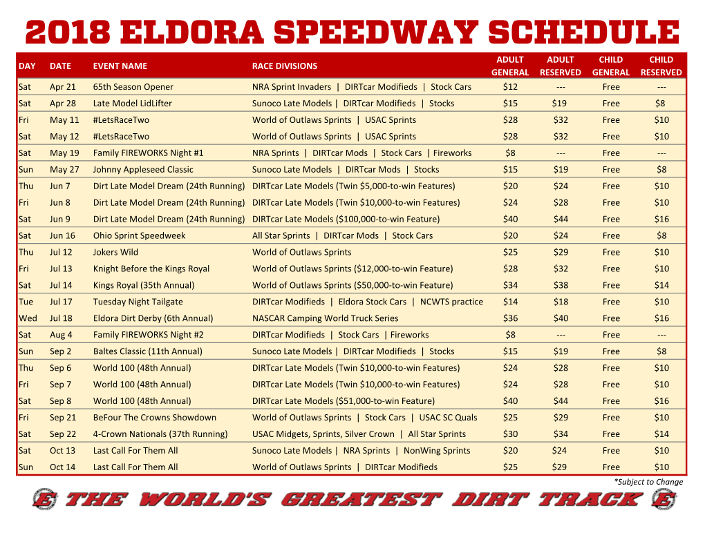 2018 Eldora Speedway Schedule