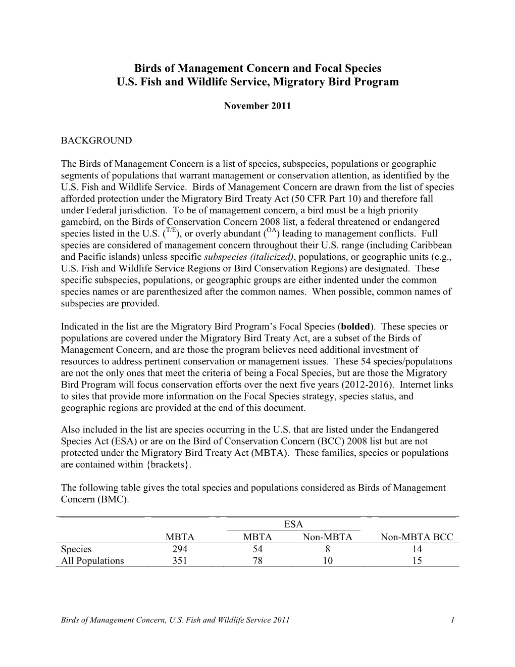 Birds of Management Concern and Focal Species U.S. Fish and Wildlife Service, Migratory Bird Program