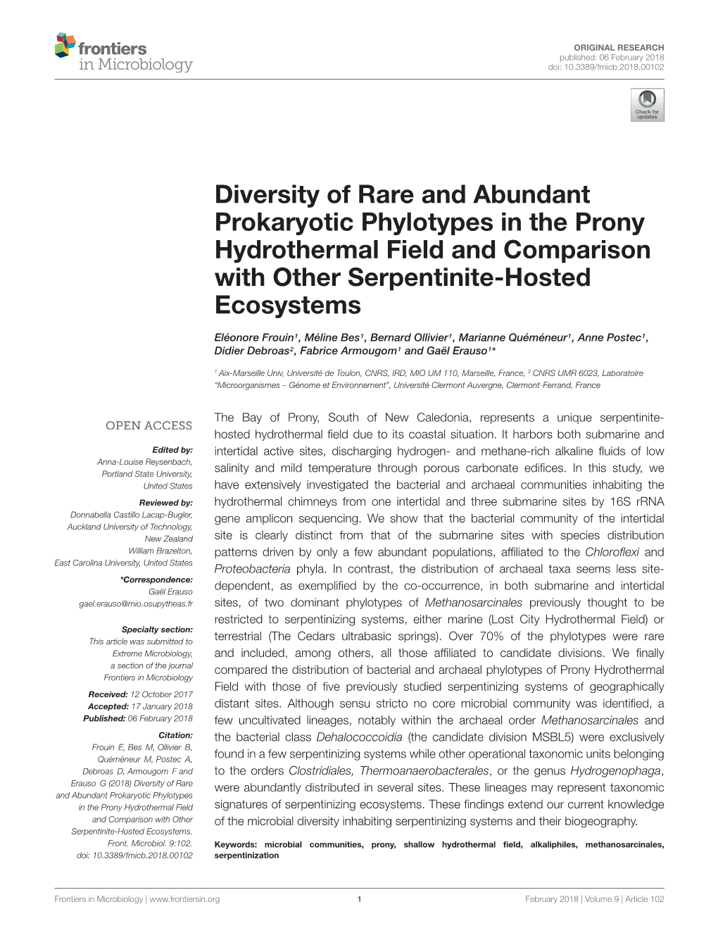 Diversity of Rare and Abundant Prokaryotic Phylotypes in the Prony Hydrothermal Field and Comparison with Other Serpentinite-Hosted Ecosystems