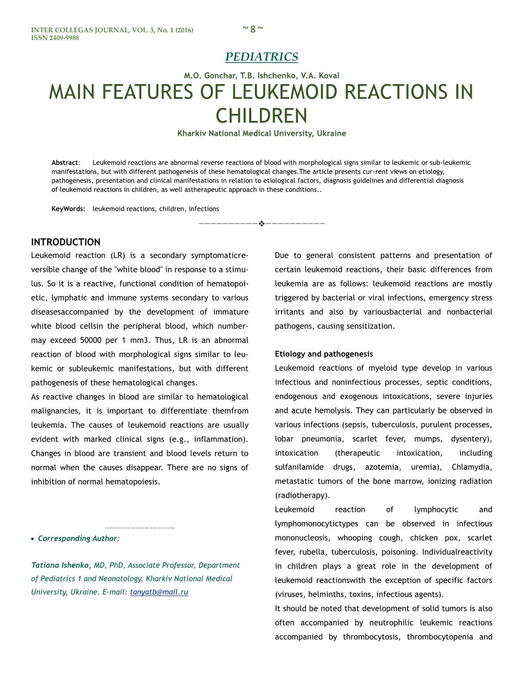 FEATURES of LEUKEMOID REACTIONS in CHILDREN Kharkiv National Medical University, Ukraine