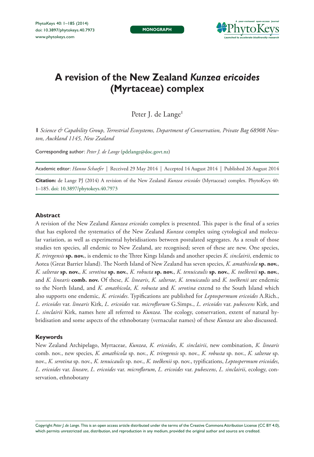 A Revision of the New Zealand Kunzea Ericoides (Myrtaceae) Complex