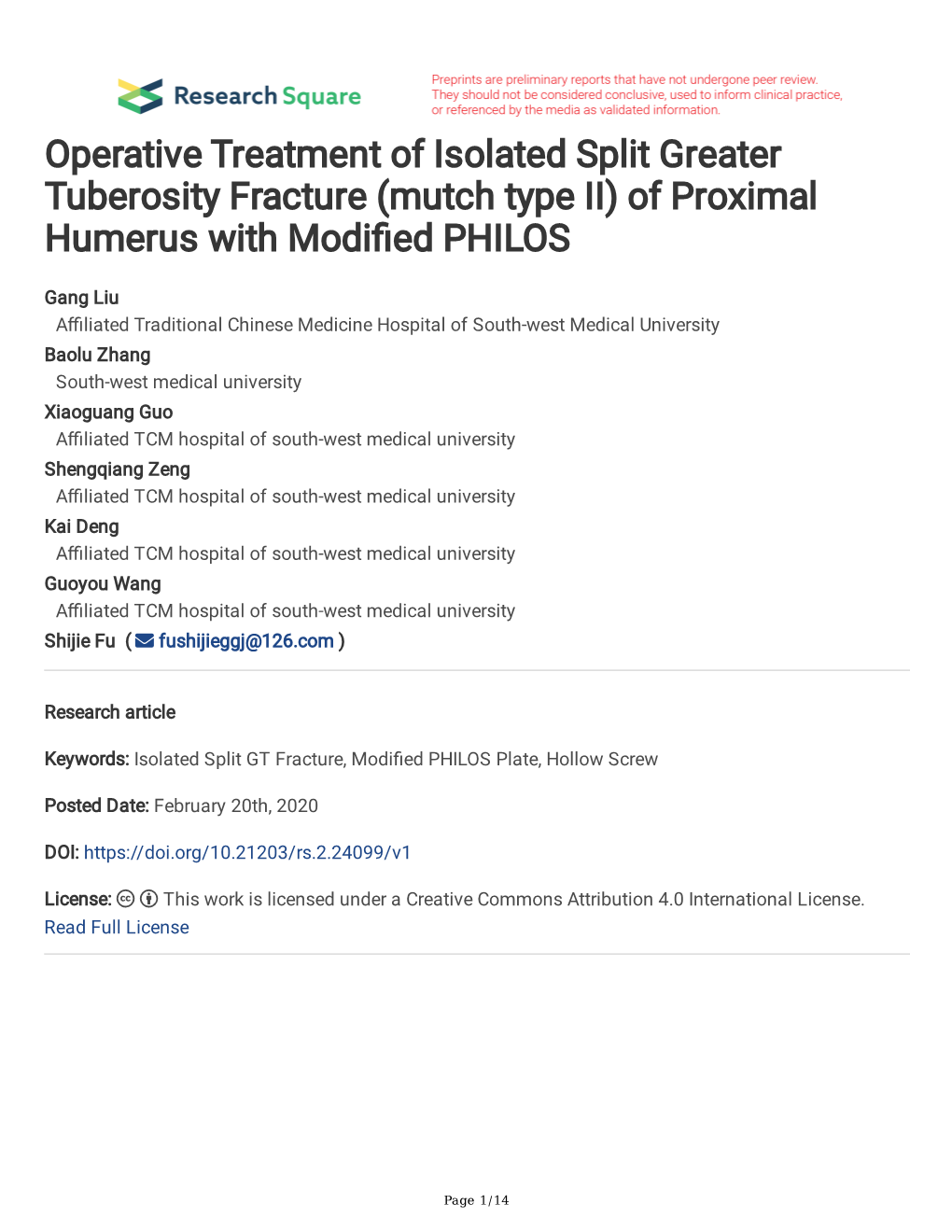 (Mutch Type II) of Proximal Humerus with Modified PHILOS