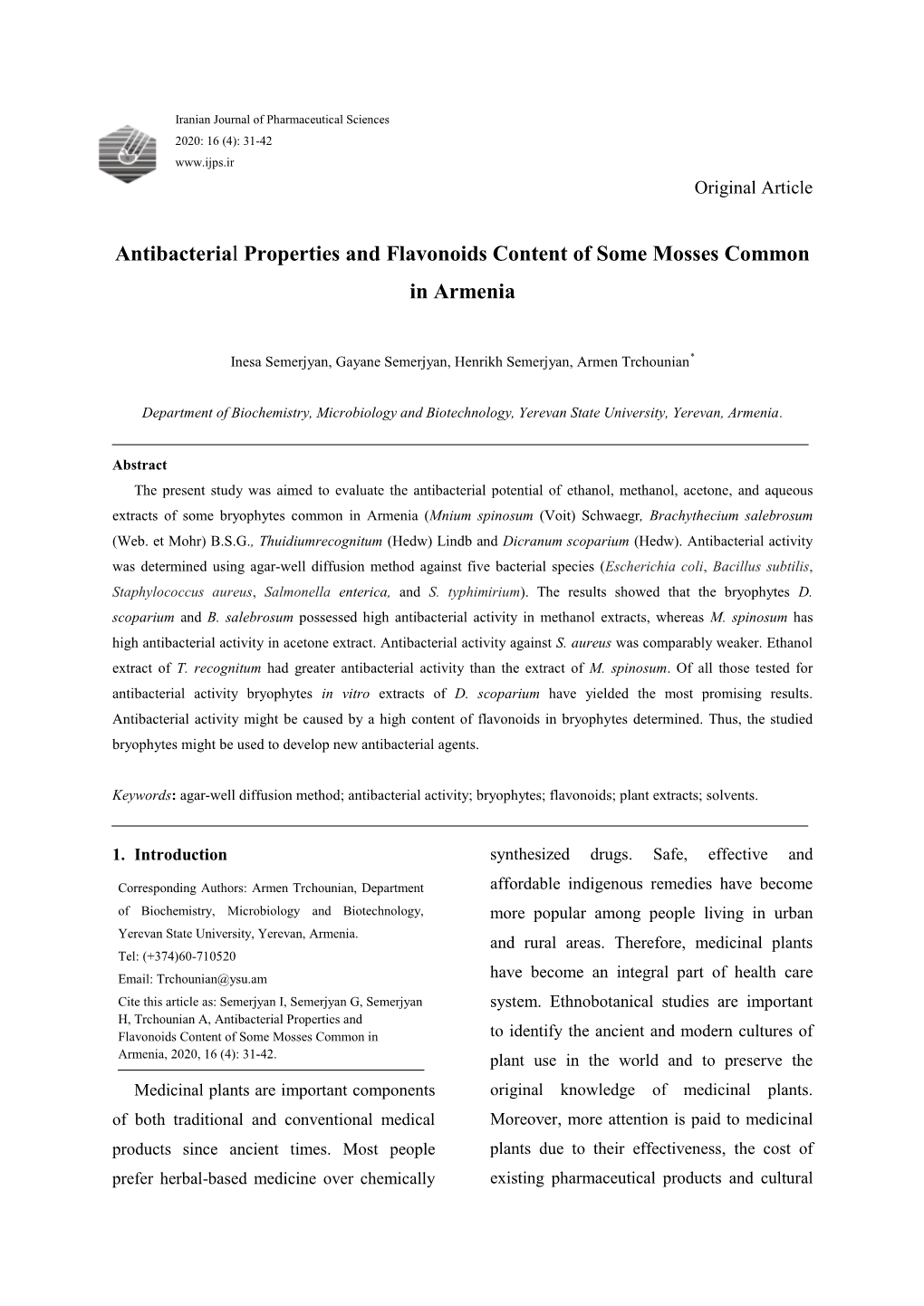 Antibacterial Properties and Flavonoids Content of Some Mosses Common in Armenia